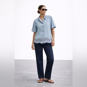 Alfred Dunner Embroidered Denim Top Cottagecore Floral Button Shirt L?